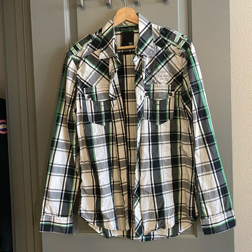 Seven diamonds button down plaid, white and green shirt
